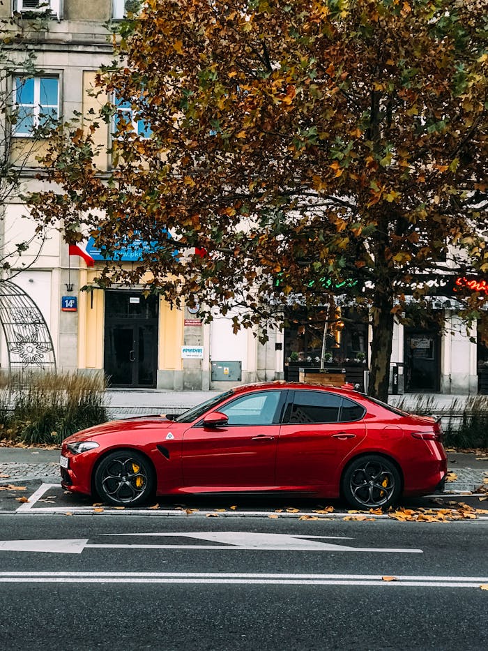 Home A sleek red sports car parked on a city street lined with autumn trees.